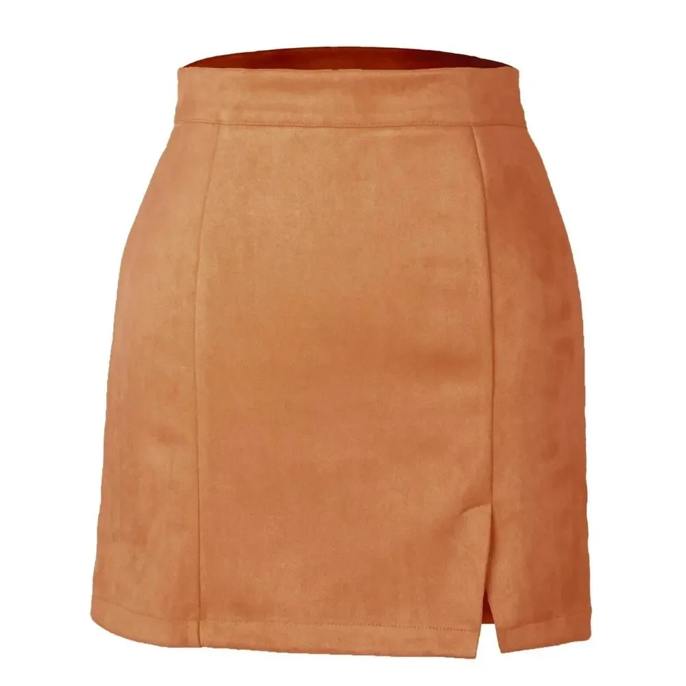 Women's High Waist Faux Suede Side Split Bodycon Short Mini Skirt M